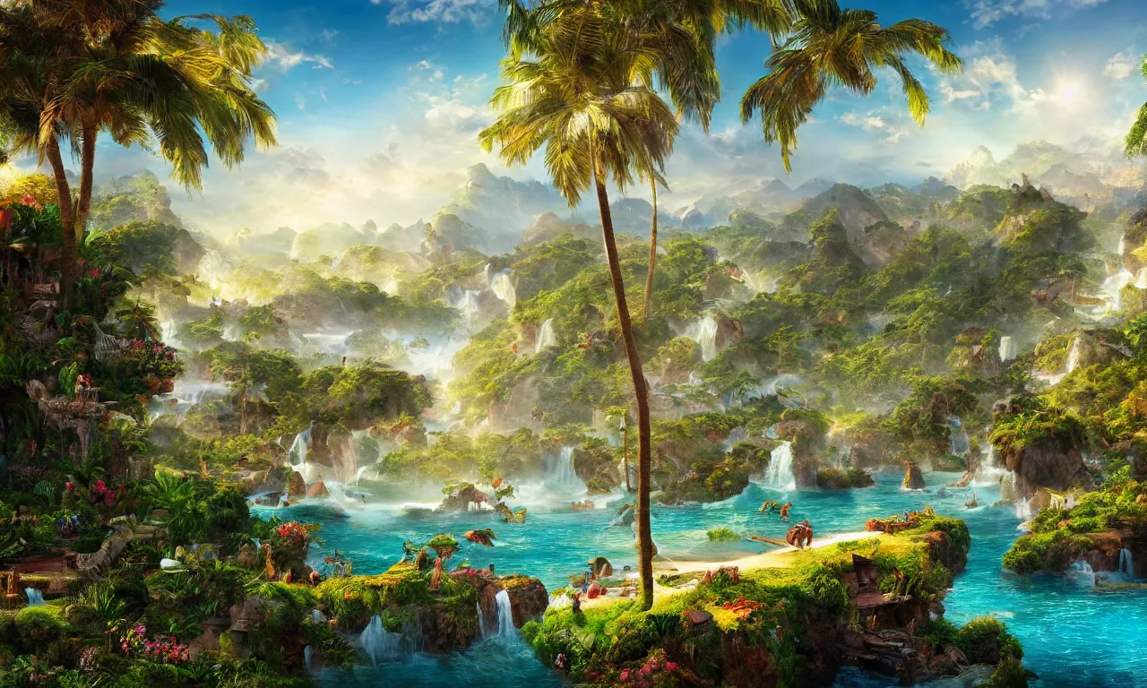 Image similar to epic paradise landscape, high definition, high detail, 8k, photorealistic,