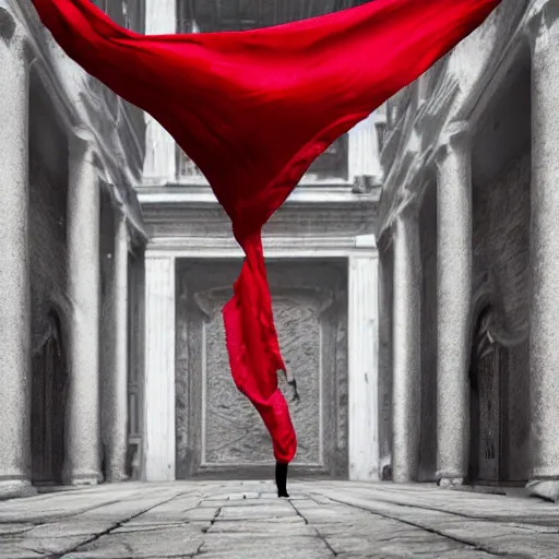 Image similar to a figure covered by red cloth that's blowing in the wind standing in a beautiful roman city, digital art, concept art, cloth simulation with houdini, octane, redshift, 8 k