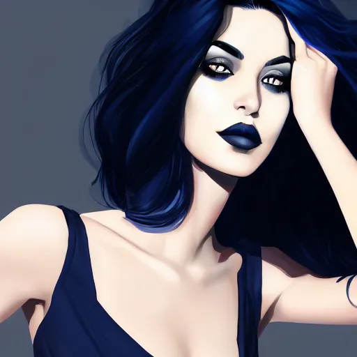 Image similar to a stunning upper body portrait of a beautiful woman with navy blue tinted black hair blowing in the wind by marvel comics, digital art, trending on artstation