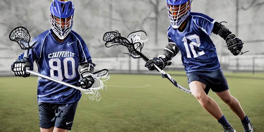 Image similar to lacrosse player, soccer field, cascade helmet, realistic, running, very detailed, 8k, high resolution, ultra realistic, no grain, symmetry, normal proportions, sports illustrated style, Cascade XRS Custom Lacrosse Helmet, brine lacrosse stick, Brine Lacrosse King V Gloves, normal feet, Nike Alpha Huarache 7 Elite, STX Surgeon 700 Lacrosse Arm Guards