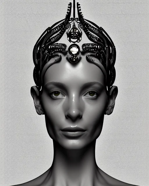 Image similar to a black and white 3D render of a young beautiful female queen-dragon-cyborg bust with a very long neck and Mandelbrot fractal face, flesh, anatomical, facial muscles, veins, arteries, elegant, highly detailed, flesh highly ornate, cable wires, elegant, high fashion, rim light, octane render, in the style of H.R. Giger, Realistic, Refined, Digital Art, Highly Detailed, Cinematic Lighting, rim light, black and white, photo-realistic, 8K