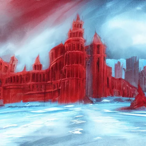 Image similar to Freelance illustration by Erica Rossi of a immense red citadel resting on an immense sheet of ice. December. Hue breaking and color management, concept art.