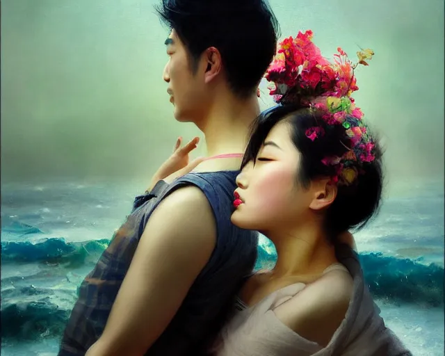 Prompt: photography of asian couples kissing each other, deep focus, d & d, presented as magazine collage style, volumetric light, colourful, sharp, detailed, digital painting by rolf armstrong, jeremy lipkin and michael garmash, rob rey and kentaro miura style