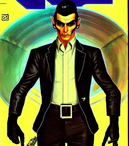 Image similar to a cyberpunk very ugly mafia boss in a suit with slicked back black hair played by ryan renolds as an elf, 1 9 7 9 omni magazine cover, style by vincent di fate, artgerm, very coherent, detailed, 4 k resolution, bright, unreal engine, daz