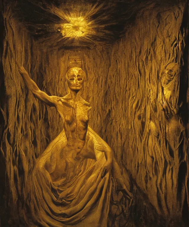 Image similar to The dark room without doors and windows with beautiful full-body wax sculpture of the glowing transparent woman with visible golden bones inside her in the singularity where stars becoming baroque folds of dark matter by Michelangelo da Caravaggio, Nicola Samori, William Blake, Alex Grey and Beksinski, dramatic volumetric lighting, super detailed oil painting, 8k, masterpiece