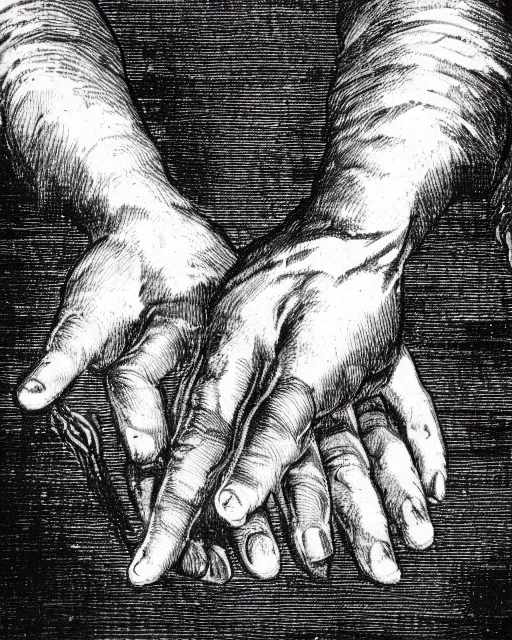 Prompt: a black and white drawing of hands surrounded by fog, a woodcut by jacques callot, pixabay, vanitas, woodcut, logo