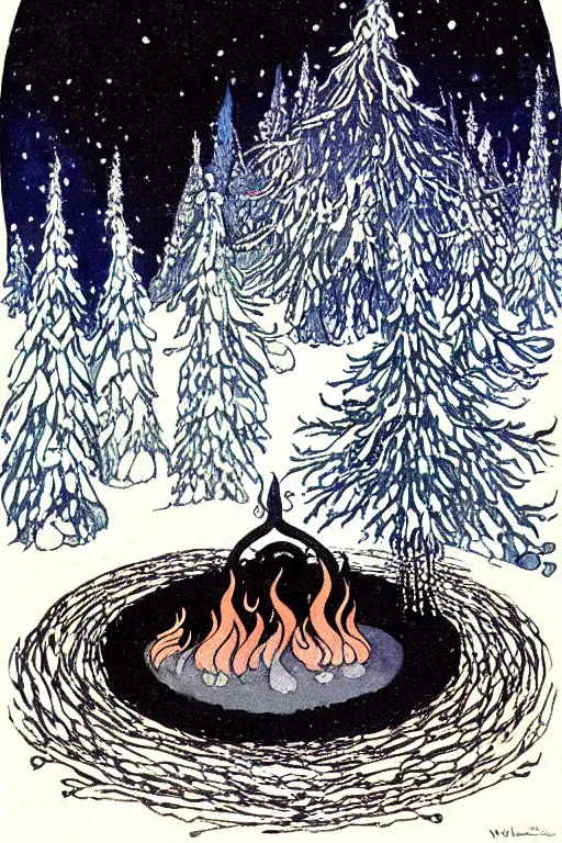 Prompt: a black witch's cauldron over a burning flames in the center of a circular frame, winter, snow, blue, night, sky, stars, snowy pines in the background, detailed art by kay nielsen and walter crane, illustration style, watercolor