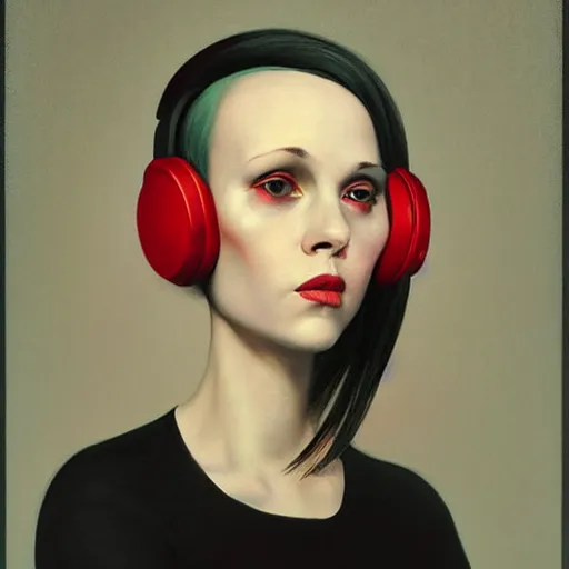 Image similar to portrait of a bald woman with red headphones, staring at you, black background, curious eyes, by Anato Finnstark, Tom Bagshaw, Brom