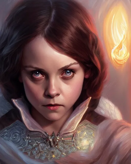 Prompt: Young Christina Ricci casting a ice spell, D&D, fantasy, intricate, elegant, highly detailed, digital painting, artstation, concept art, matte, sharp focus, illustration, hearthstone, art by Artgerm and Greg Rutkowski and Alphonse Mucha