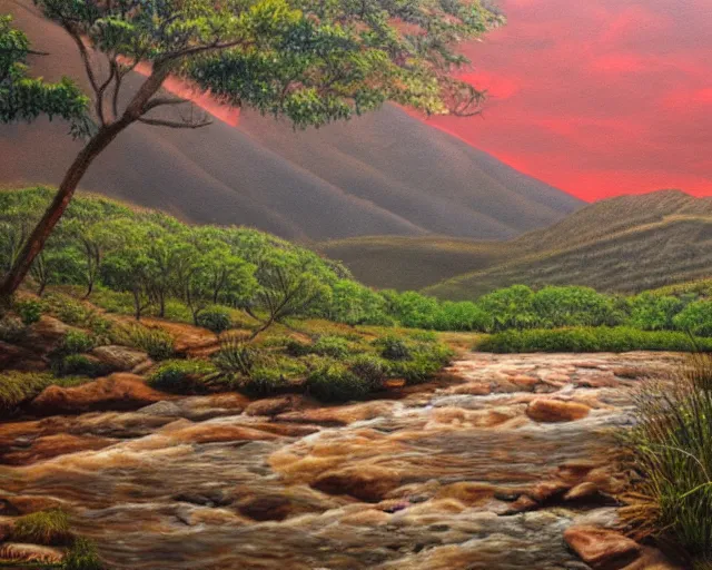 Prompt: A photorealistic painting of Karkloof Nature Reserve with a red stream of water