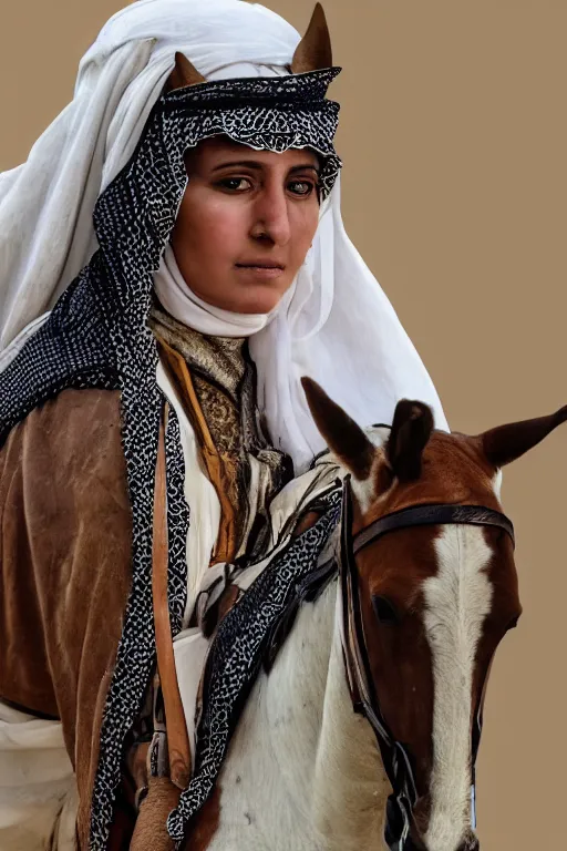 Image similar to hyperrealistic portrait from middle eastern burqa woman riding horse, with riffle in her chest, super highly detail, accurate boroque, without duplication content, white border frame, medium close up shot, justify content center, symmetrical, incrinate, cinematic, dust, award winning photos