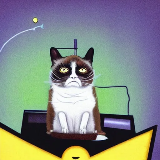 Prompt: grumpy cat with a vintage sci-fi CRT monitor for a head showing a glowing green pixelated emoji-style smiley face, matte gouche sci-fi ink illustartion on dark paper, highly detailed movie poster