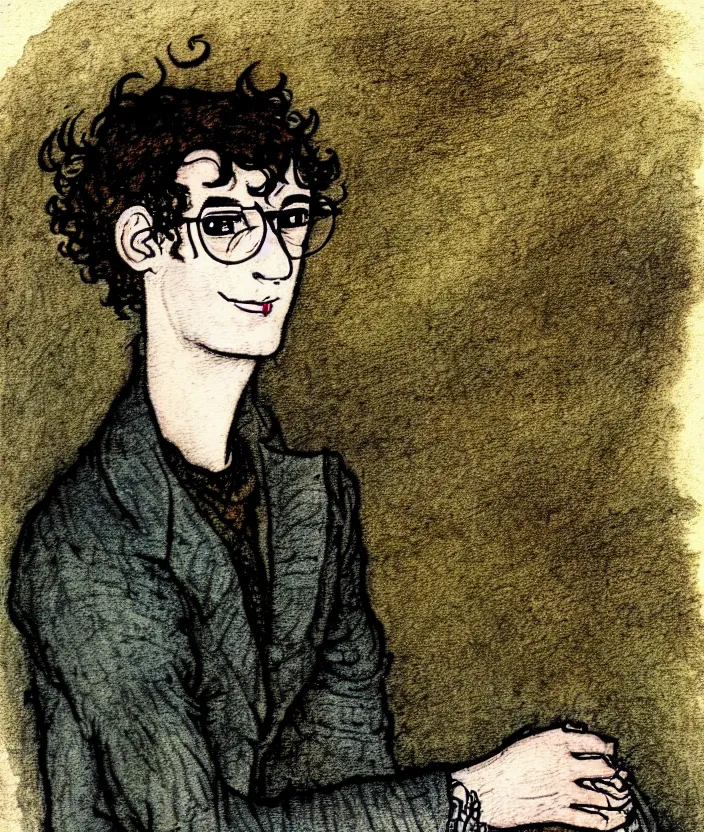 Prompt: illustration of jewish young man with glasses, dark very short curly hair smiling, in the style of arthur rackham colorful