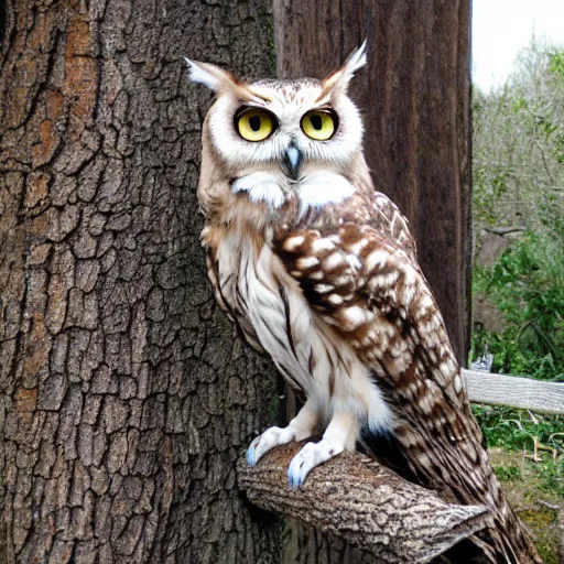 Image similar to winged cat owl hybrid perched on a tree