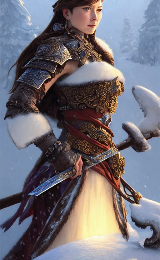 Image similar to azure viking warrior, regal, elegant, winter, snow, beautiful, stunning, hd, illustration, epic, d & d, fantasy, intricate, elegant, highly detailed, wide angle, digital painting, artstation, concept art, smooth, sharp focus, illustration, wallpaper, art by artgerm and greg rutkowski and alphonse mucha and jin xiaodi