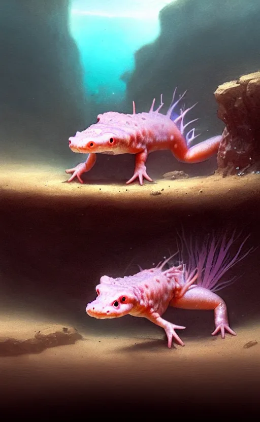 Image similar to axolotl mexican walking fish cute amphibian, wide angle shot by greg rutkowski