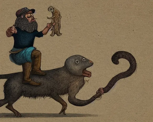 Prompt: a long-bearded wizard riding on the back of a giant shrew