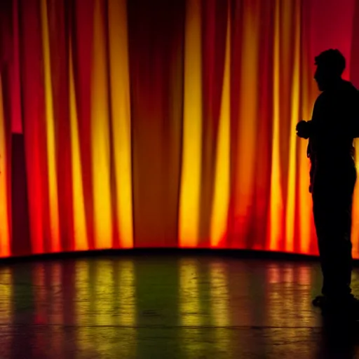 Prompt: two male silhouettes on a big theatre stage, grim