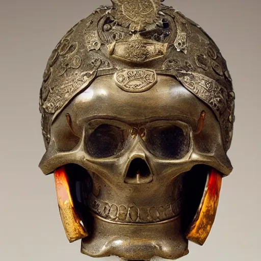 Prompt: old bronze skull of toyotomi hideyoshi wearing a samurai helmet, professional photo shot, depth of field, intricate details