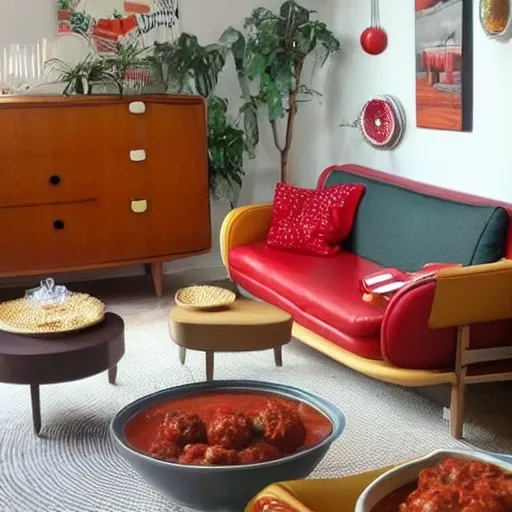 Image similar to spaghetti and meatballs shaped into a mid century modern living room set