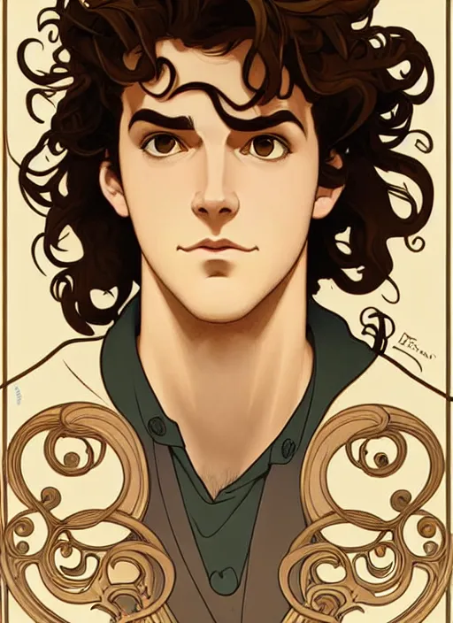 Prompt: art nouveau portrait of a handsome young man with curly medium length very messy light brown hair, brown eyes, aloof, serious expression, t - shirt, natural lighting, path traced, highly detailed, high quality, cartoon, digital painting, by don bluth and ross tran and studio ghibli and alphonse mucha