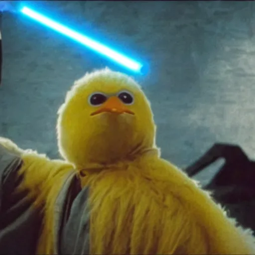 Image similar to anakin skywalker kills big bird with a lightsaber, dramatic, cinematic, hyperrealistic, epic