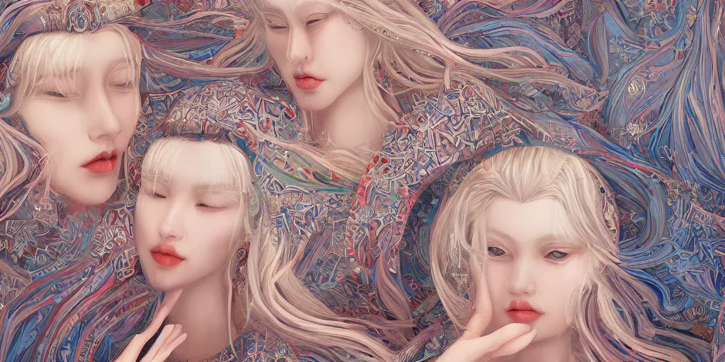 Prompt: breathtaking detailed concept art painting kaleidoscope art deco pattern of blonde faces goddesses amalgamation winter, by hsiao - ron cheng, bizarre compositions, exquisite detail, extremely moody lighting, 8 k