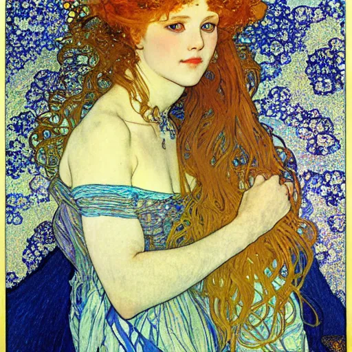 Image similar to The girl in the pretty blue dress with flowing golden blonde hair by Gustav Klimt Alphonse Mucha Ayami Kojima and Arthur Rackham