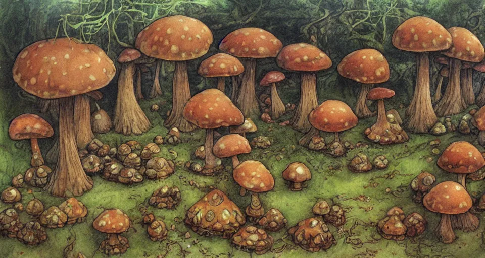 Image similar to A tribal village in a forest of giant mushrooms, by Brian Froud