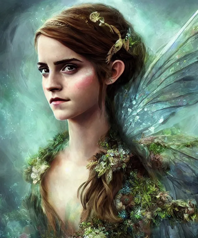 Prompt: emma watson as a fairy faerie, beautiful face, fantasy concept art by J.Dickenson