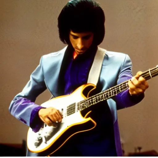 Image similar to screenshot of prince charles playing guitar in the movie purple rain