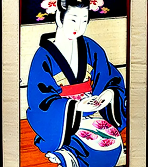 Image similar to madonna the singer in a beautiful kimono holding in her hand a fan, sitting on the floor next to a black and white playing cat, in the background a folding screen with blue irises and a window with bamboo. in the style of bijin - ga.