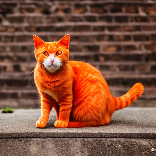 Image similar to a orange colour cat smiling , dlss, HDR, natural lighting , eye level shot, EOS R5, f/2.8, dynamic pose, , award winning photograph, 8k,