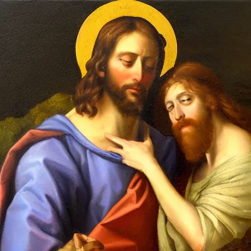 Prompt: 1 8 th oil panting of a jesus coupling with maria maddalena