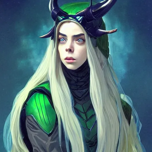 Image similar to Billie Eilish as Female Loki, very detailed, digital art, trending on artstation, concept art, smooth, illustration, art by artgerm and greg rutkowski and alphonse mucha and J. C. Leyendecker and Edmund Blair Leighton and Katsuhiro Otomo and Geof Darrow and Phil hale and Ashley wood