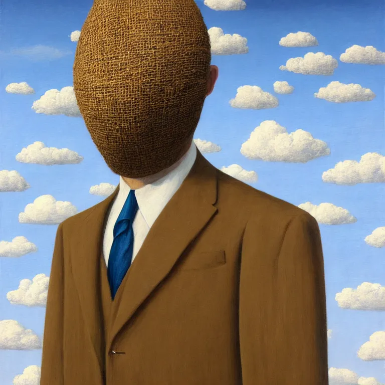 Image similar to portrait of a faceless burlap sack - head man in a suit, clouds in the background, by rene magritte, detailed painting, distance, centered, hd, hq, high resolution, high detail, 4 k, 8 k