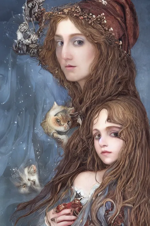 Image similar to An extremely beautiful pre-raphaelite portrait of a cute witch and her cat, surreal, ultradetailed, intricate, elegant, detailed, digital painting, artstation, concept art, smooth, sharp focus, illustration, regal, award winning picture, extremely detailed masterpiece, sense of awe, featured on artstation, Artgerm, effervescent punk kawaii-noir pastel bubbles, winning award piece, ethereal rainbows, Aetherpunk, Exquisite details