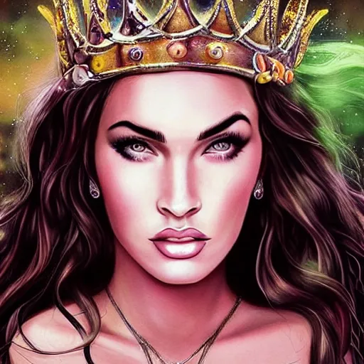 Prompt: “Megan Fox portrait, fantasy, mermaid, cartoon, pearls, glowing hair, shells, gills, crown, water, highlights, starfish, goddess jewelry, realistic, digital art, pastel, magic, fiction, ocean, game”