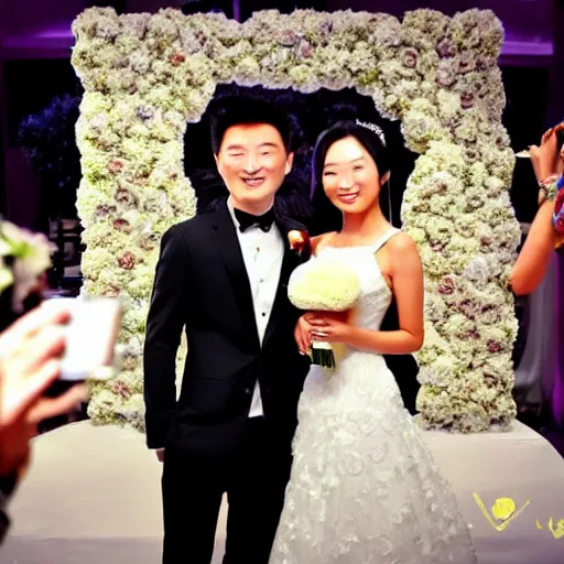 Image similar to cookie monster marrying justin sun, professional wedding photography