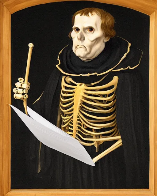 Prompt: A painting of Martin Luther holding a mallet and nailing a cartoon paper-skeleton Halloween decoration to the door of a suburban home, in the styles of Ferdinand Pauwels, Greg Rutkowski, and Judy Boyle intricate, hyperrealistic, accurate facial details, volumetric lighting