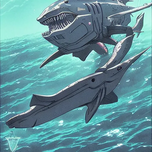 Image similar to aquatic gundam with a shark face, amphibious mobile suit by wayne barlowe, pascal blanche, victo ngai