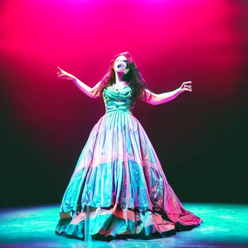 Prompt: beautiful actress singing on a stage of a broadway musical, colorful dress, rural setting, professional photography, theatrical lighting, volumetric lighting