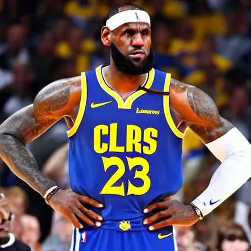 Image similar to professional close!!! up shot photograph of lebron james wearing a golden state warriors jersey in an nba game, wearing nba jersey, standing, clear image, as seen on getty images, smooth, uncompressed,