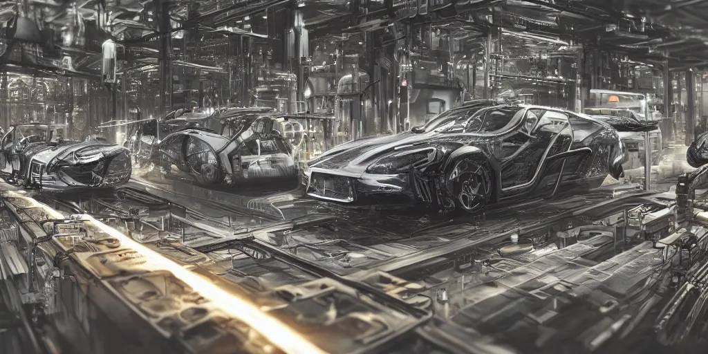 Image similar to 3 d concept art, carbon fiber automobile production line of hydrogen power energy, science fiction, beautiful, cinematic lighting, intricate details, octane rendering, trending on artstation, featured on behance.