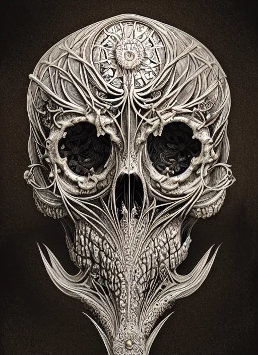 Image similar to art forms of nature by ernst haeckel, memento mori by arthur rackham, ornate antique porcelain beautiful skull mask, ultrasharp, photorealistic, hyperdetailed, octane render, polished, art nouveau, neo - gothic, gothic, intricate ornamental organic filigree, art nouveau botanicals, art forms of nature by ernst haeckel, horizontal symmetry, symbolist, visionary