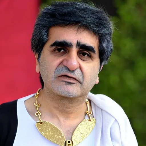 Image similar to jafar panahi, clean shaven, wearing an umbro pink tracksuit and gold necklace with large star shaped intricate gold medallion