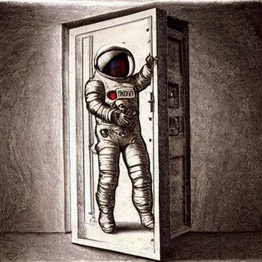 Image similar to photo - realism, space astronaut opening door that shows space and time created by leonardo davinci with extra detail, epic.