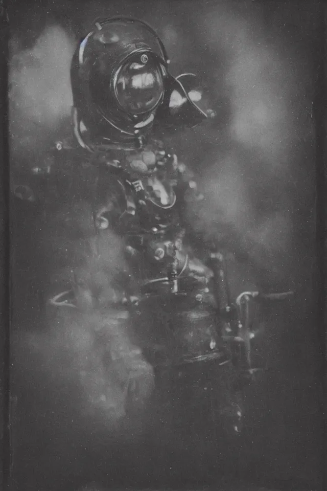 Prompt: wet plate photograph portrait of astronaut, victorian era boiler room, coal dust, realistic