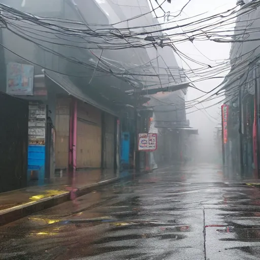 Prompt: rain - soaked alley with messy overhead cables in yongsan district, seoul, south korea