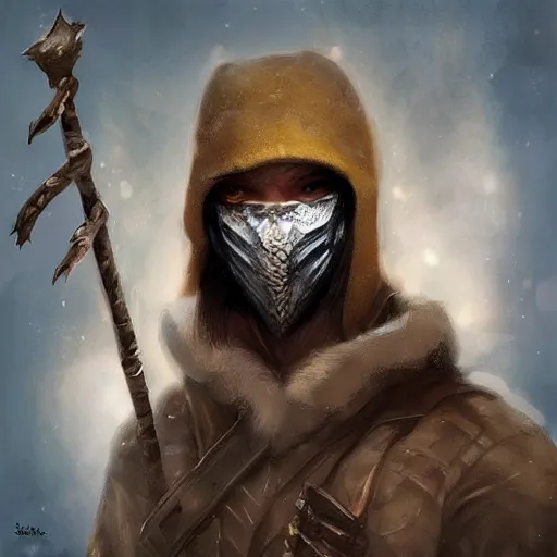 Image similar to “ fantasy snow bandit ‘ icewind dale ’ with mask, digital portrait by justin sweet, soft focus, oil paint, epic, artstation ”